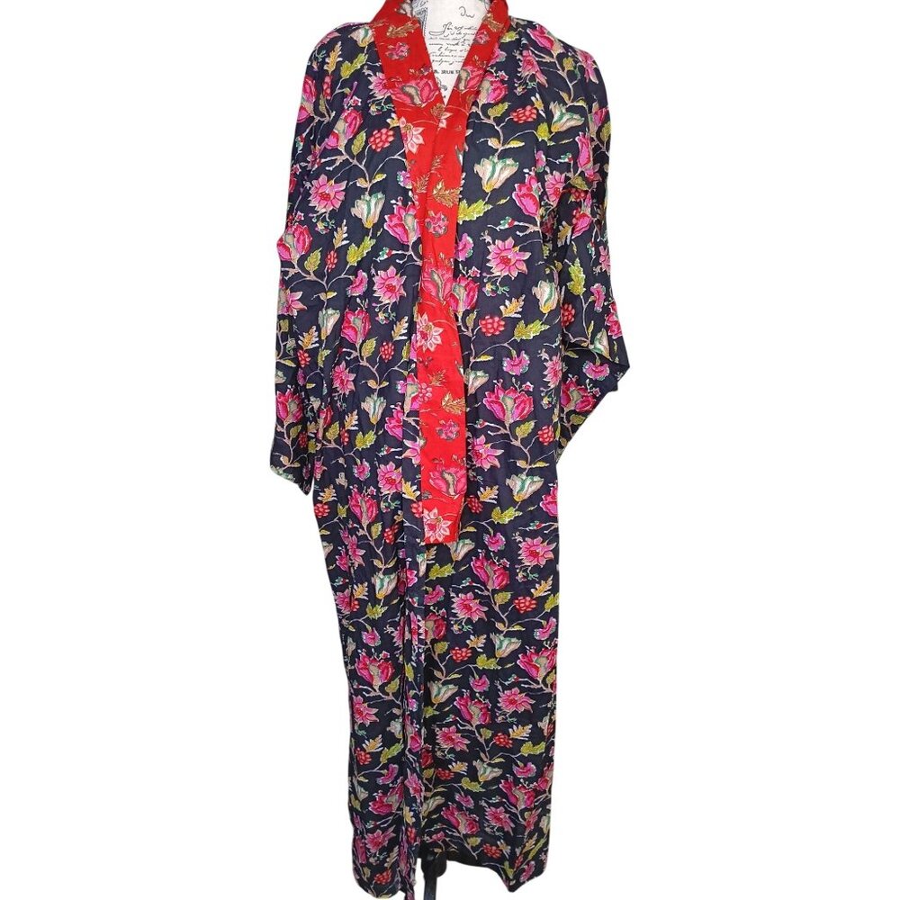 Kleed Kimono Robe, Pink Flowers, Red Trim, Embroidered Butterfly, Medium/Large